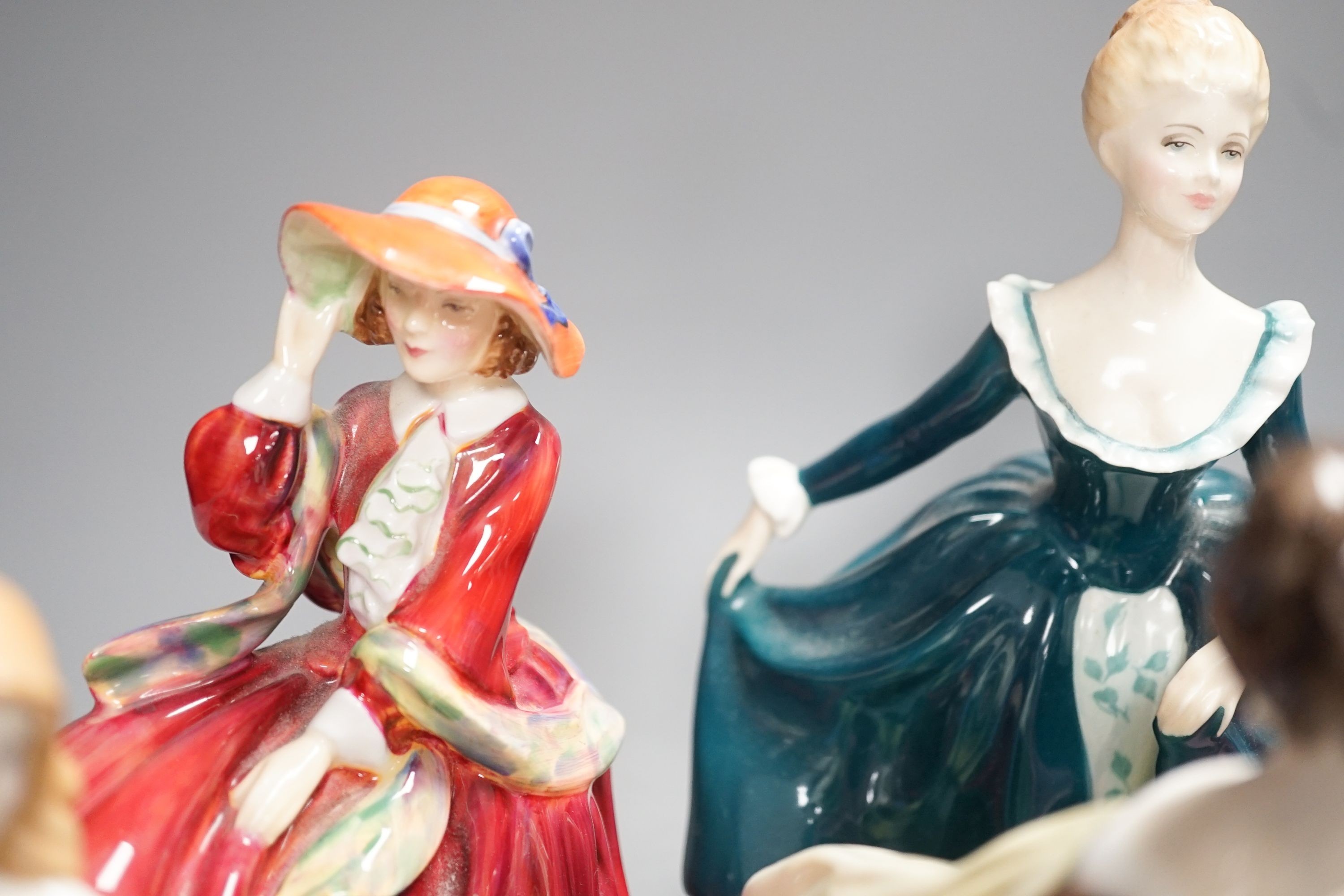 Seven Royal Doulton costume figures and two others Meditation HN2330 and Heart to Heart HN2278 (9)